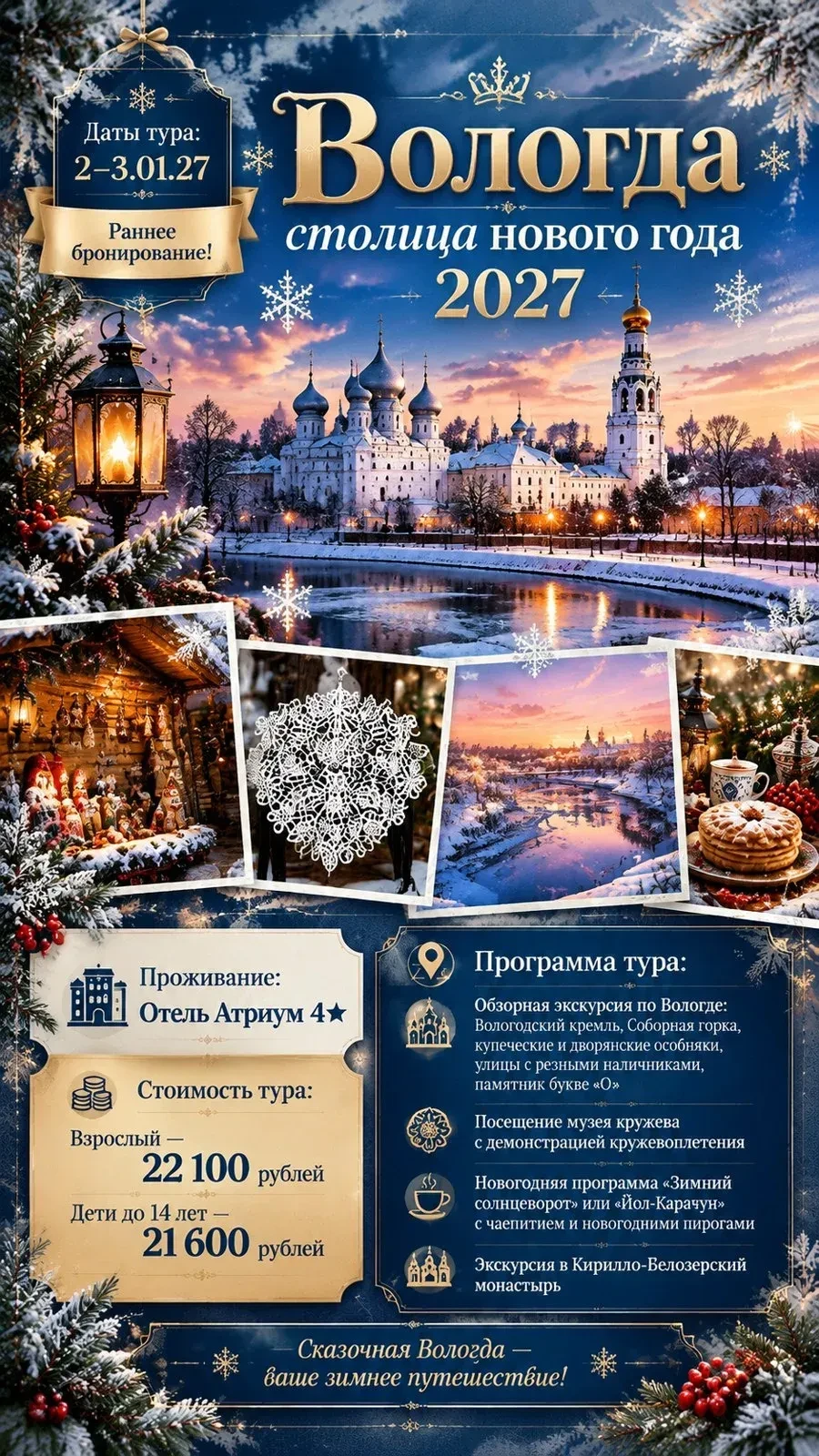 Дорогие друзья, предлагаем тур в Вологду на Новогодние праздники, в этом году этот горо...