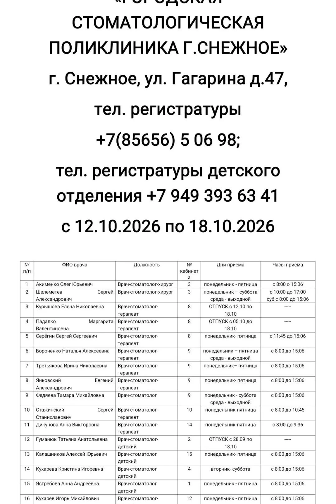 🗓График работы врачей Городской стоматологической поликлиники г. Снежное».