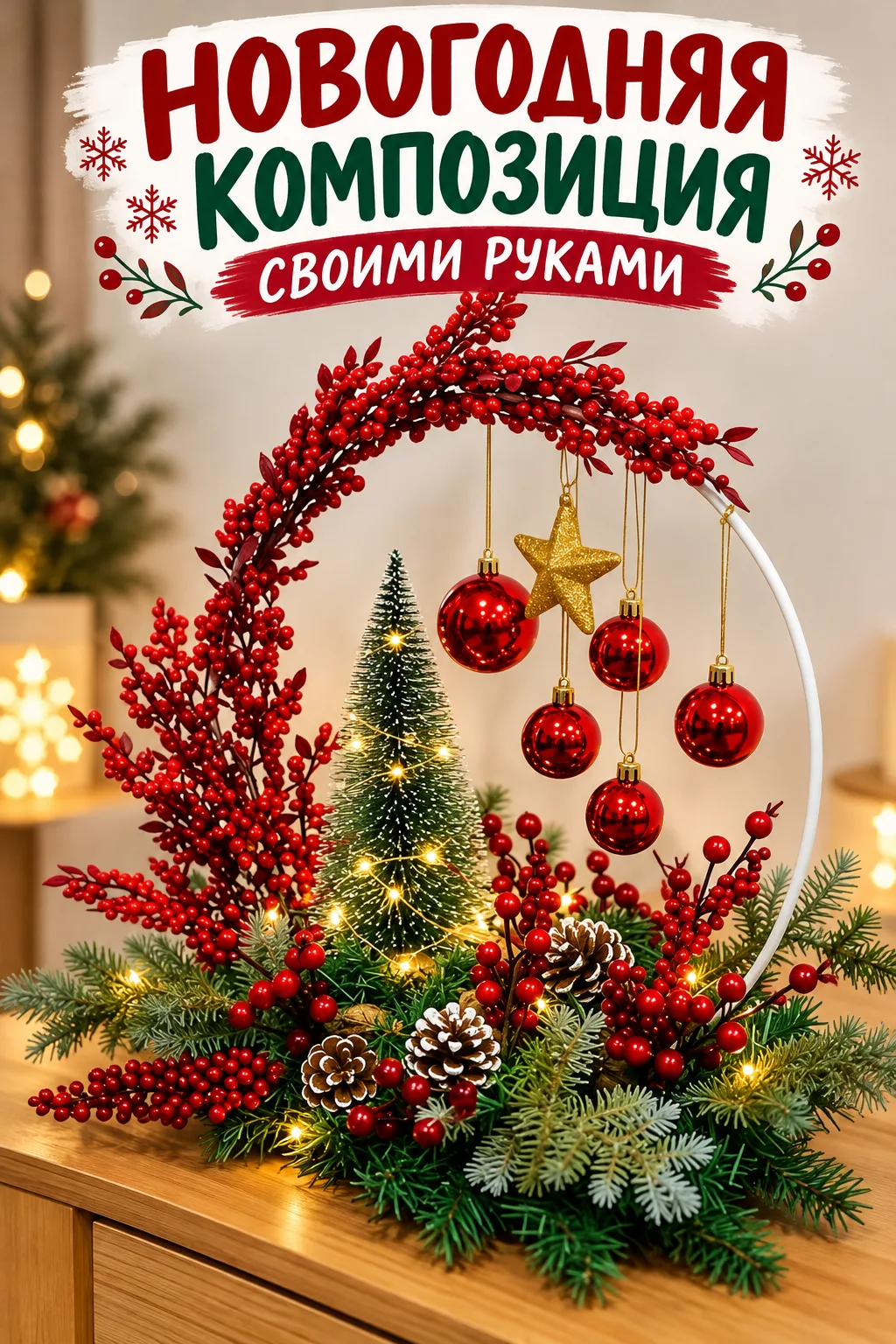Новогодняя композиция своими руками с ёлочкой, красными ягодами и подвесными шарами — и...