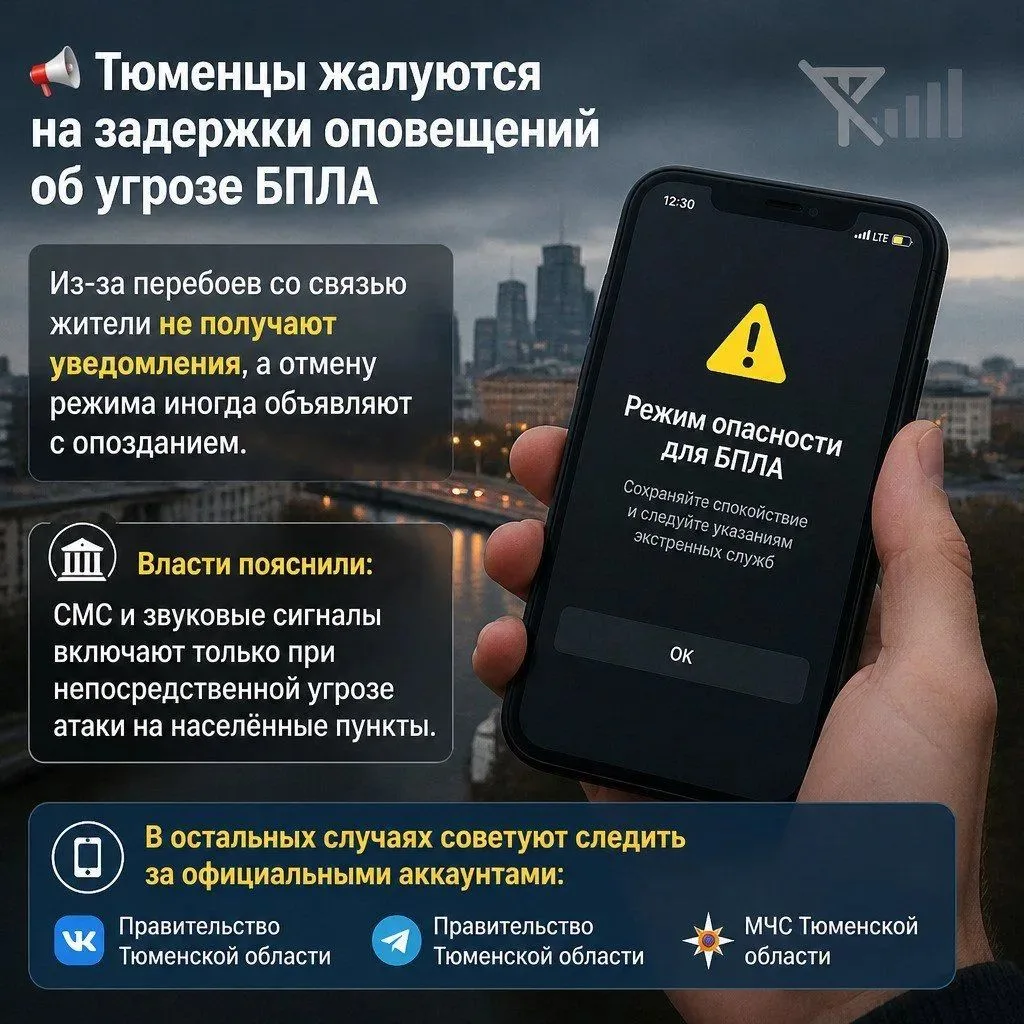 📢 Тюменцы жалуются на задержки оповещений об угрозе БПЛА