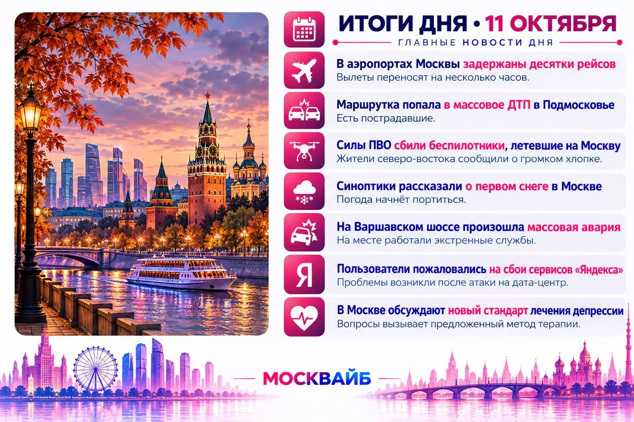 11 октября в Москве главными темами стали задержки рейсов в аэропортах, массовое ДТП в ...