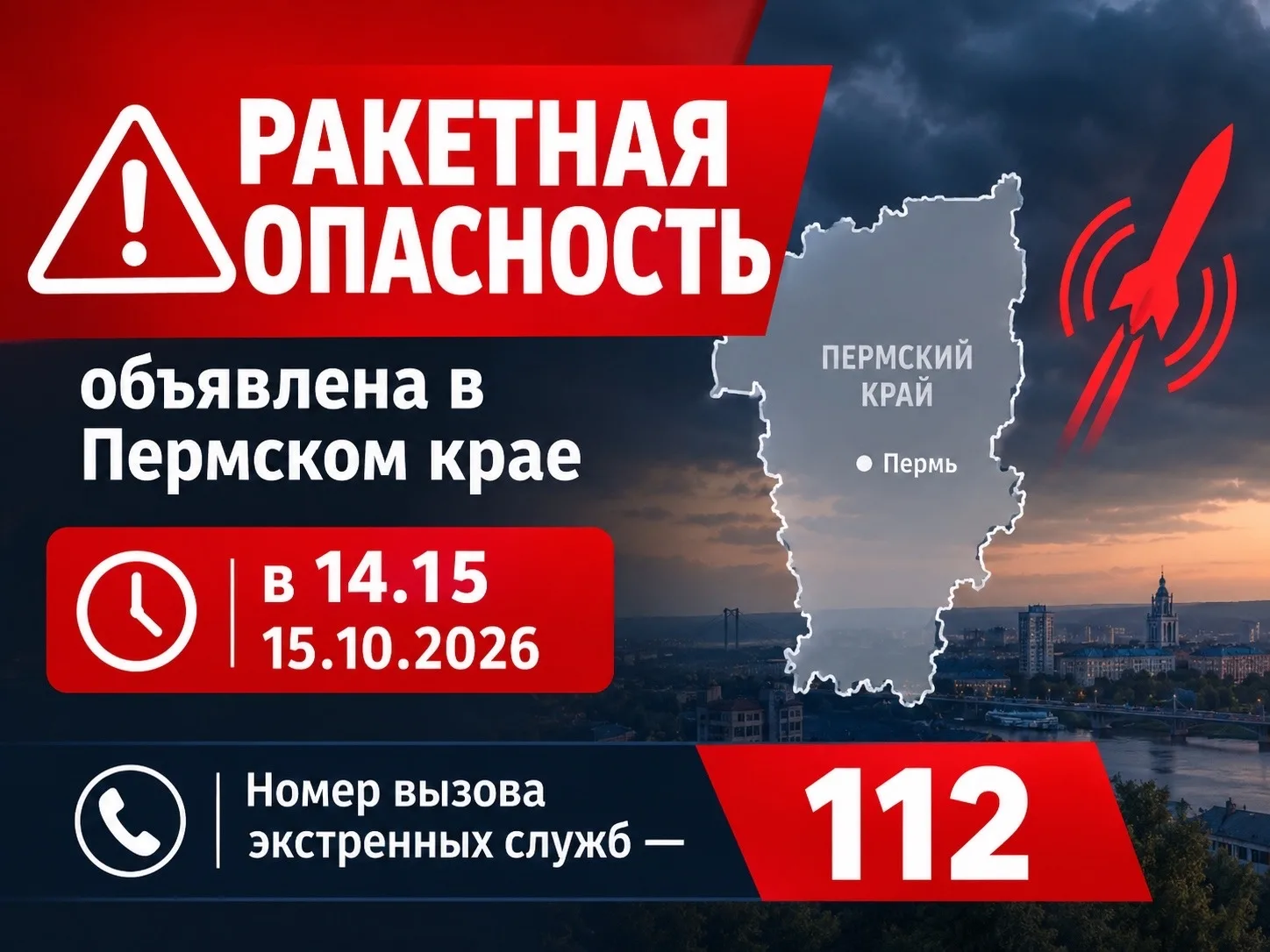 «Ракетная опасность» объявлена в Пермском крае в 14.15 15.10.2026. Номер вызова экстрен...