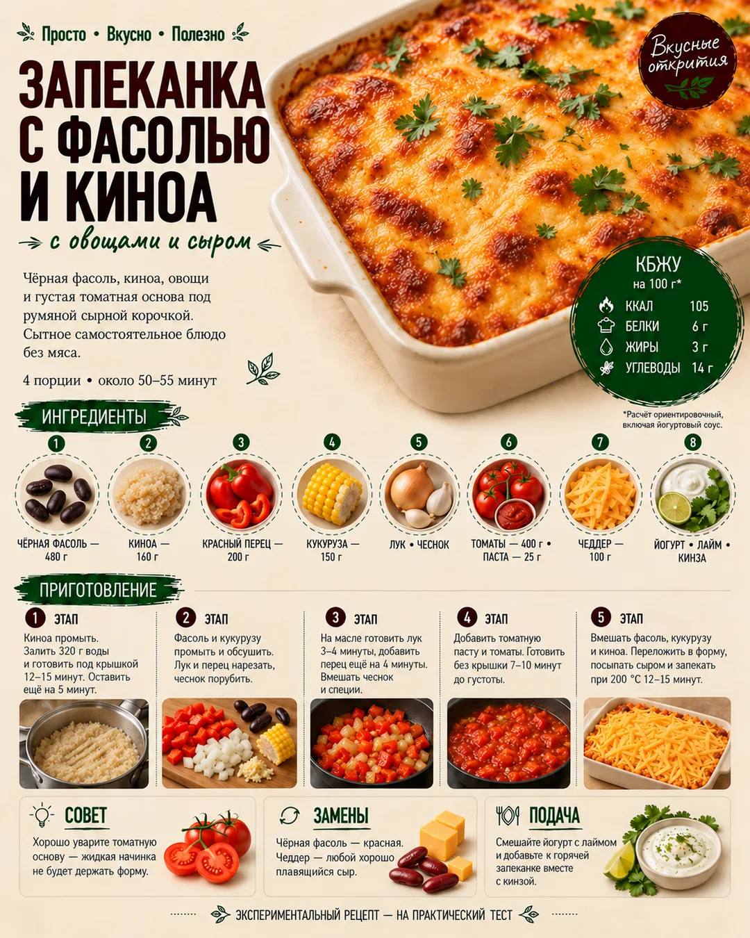 Запеканка из чёрной фасоли, киноа, овощей и сыра