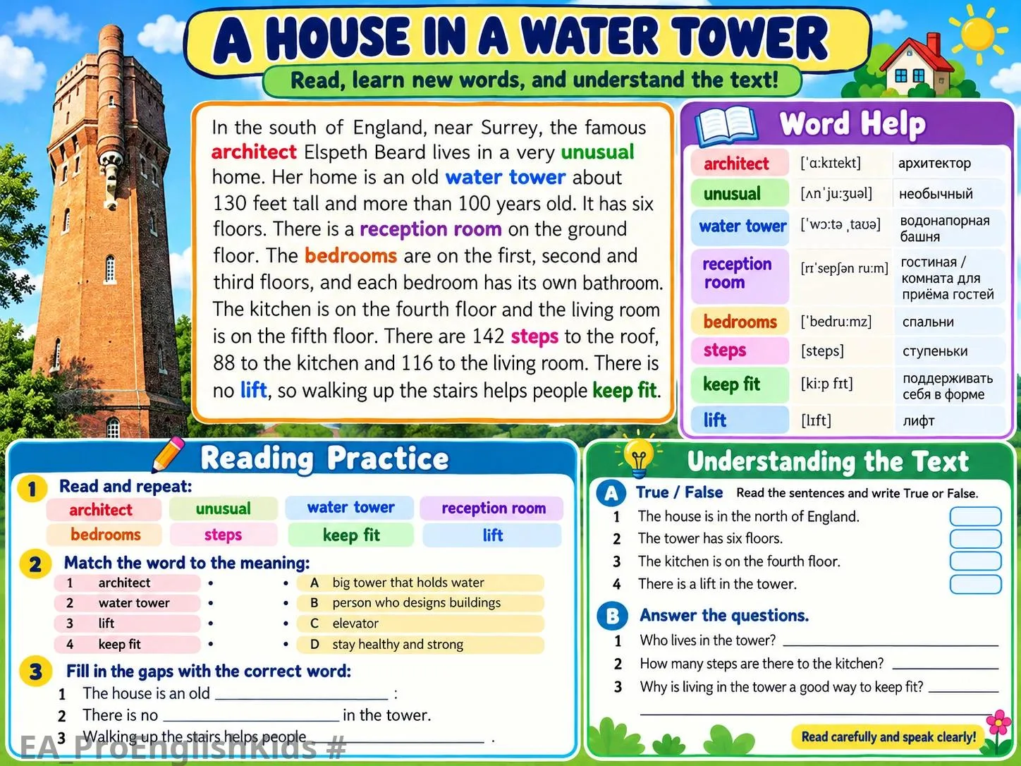 Для занятий с пятиклашками создала рабочий лист A HOUSE IN A WATER TOWER