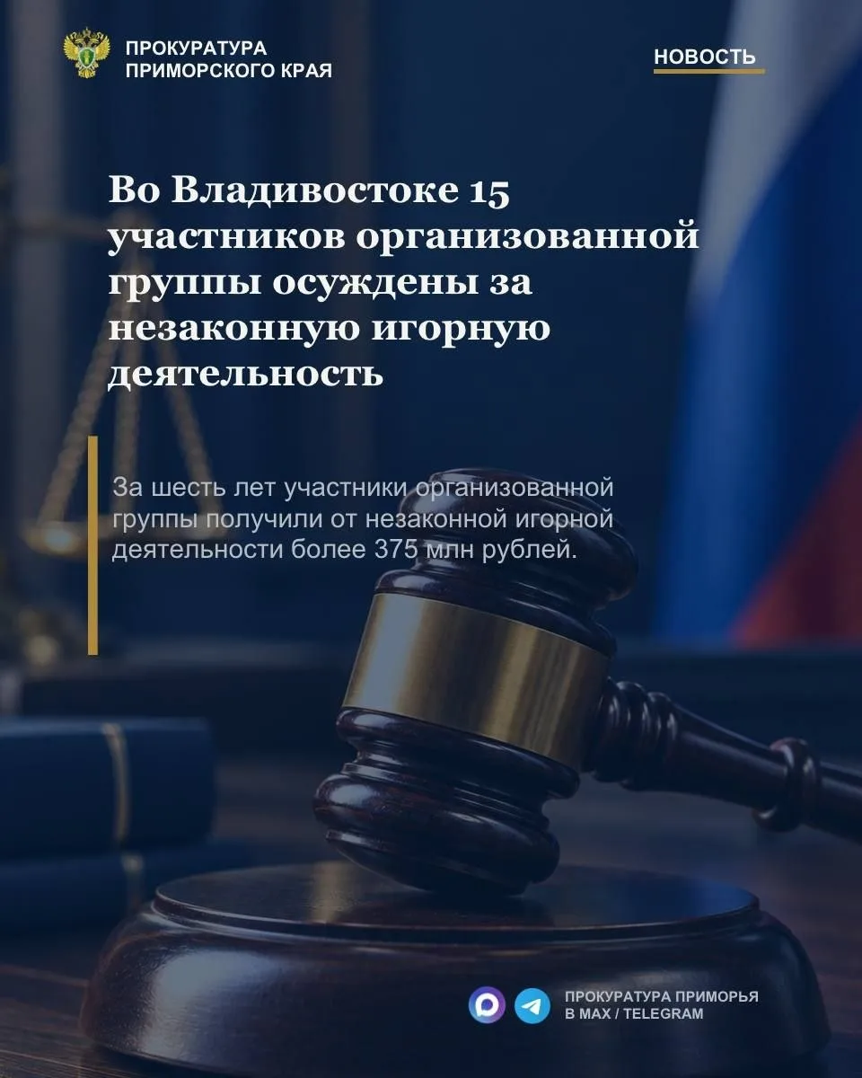 Во Владивостоке 15 участников ОПГ осуждены за незаконный игорный бизнес с доходом свыше...