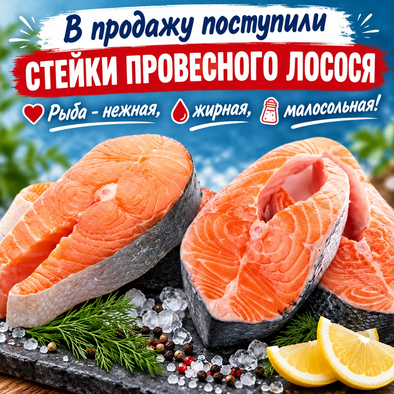 С воскресенья, 11 октября, в продаже СТЕЙКИ ПРОВЕСНОГО ЛОСОСЯ