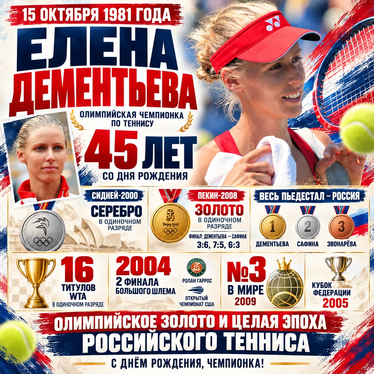 🎾🇷🇺 45 лет Елене Дементьевой — олимпийской чемпионке и одной из главных звёзд россий...