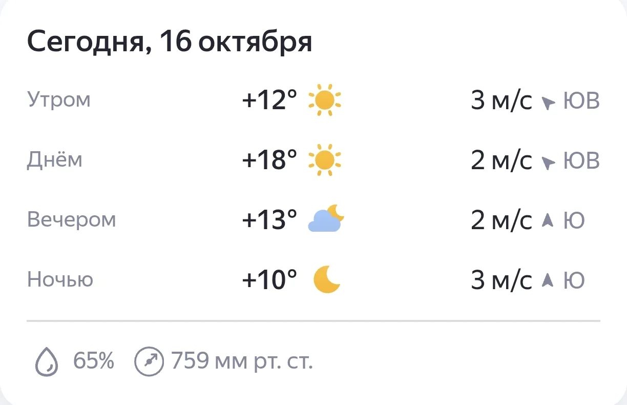Сегодня нас ждёт тёплая погода: днём до +18 °C, вечером около +13 °C.