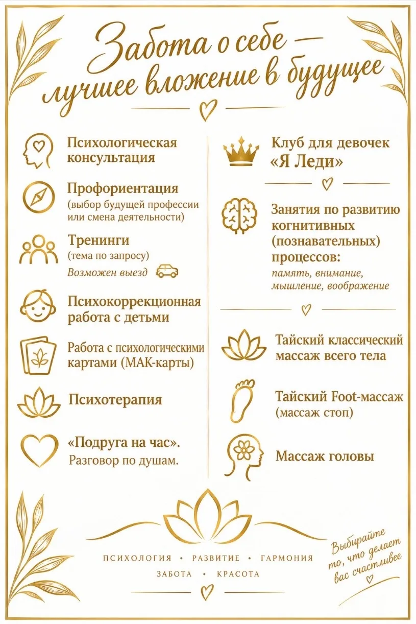 Перечень УСЛУГ, которые оказывает студия «Психолог и Я»