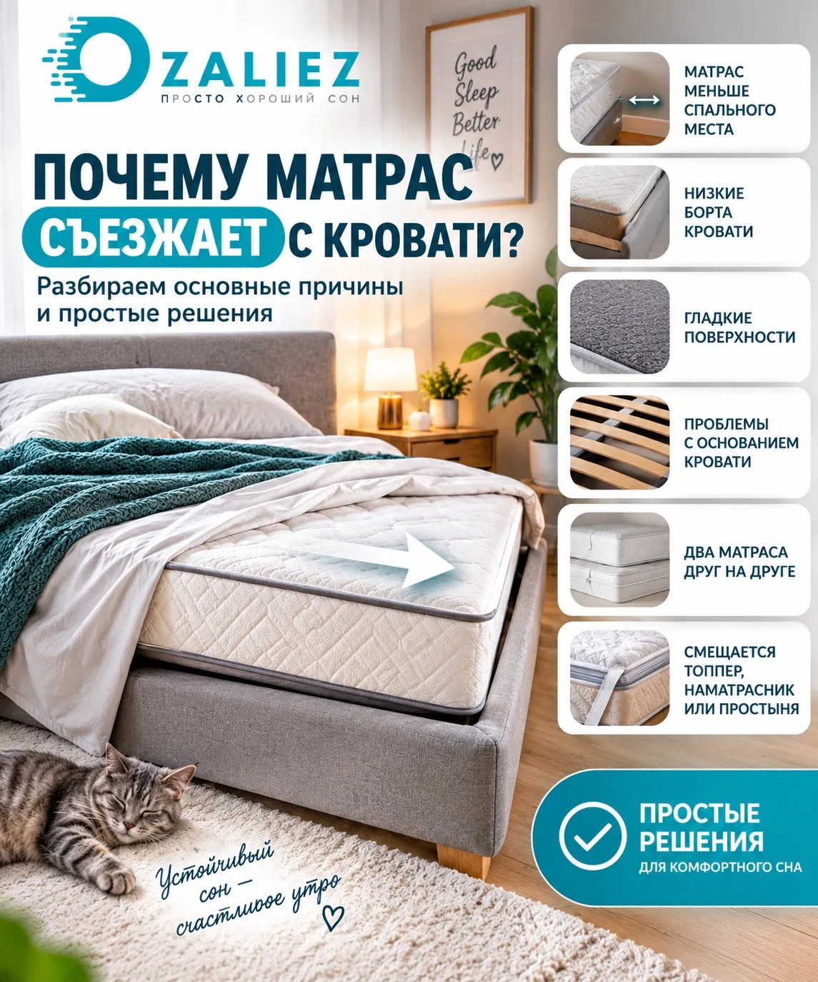 Почему матрас съезжает с кровати — и почему противоскользящий коврик помогает не всегда...