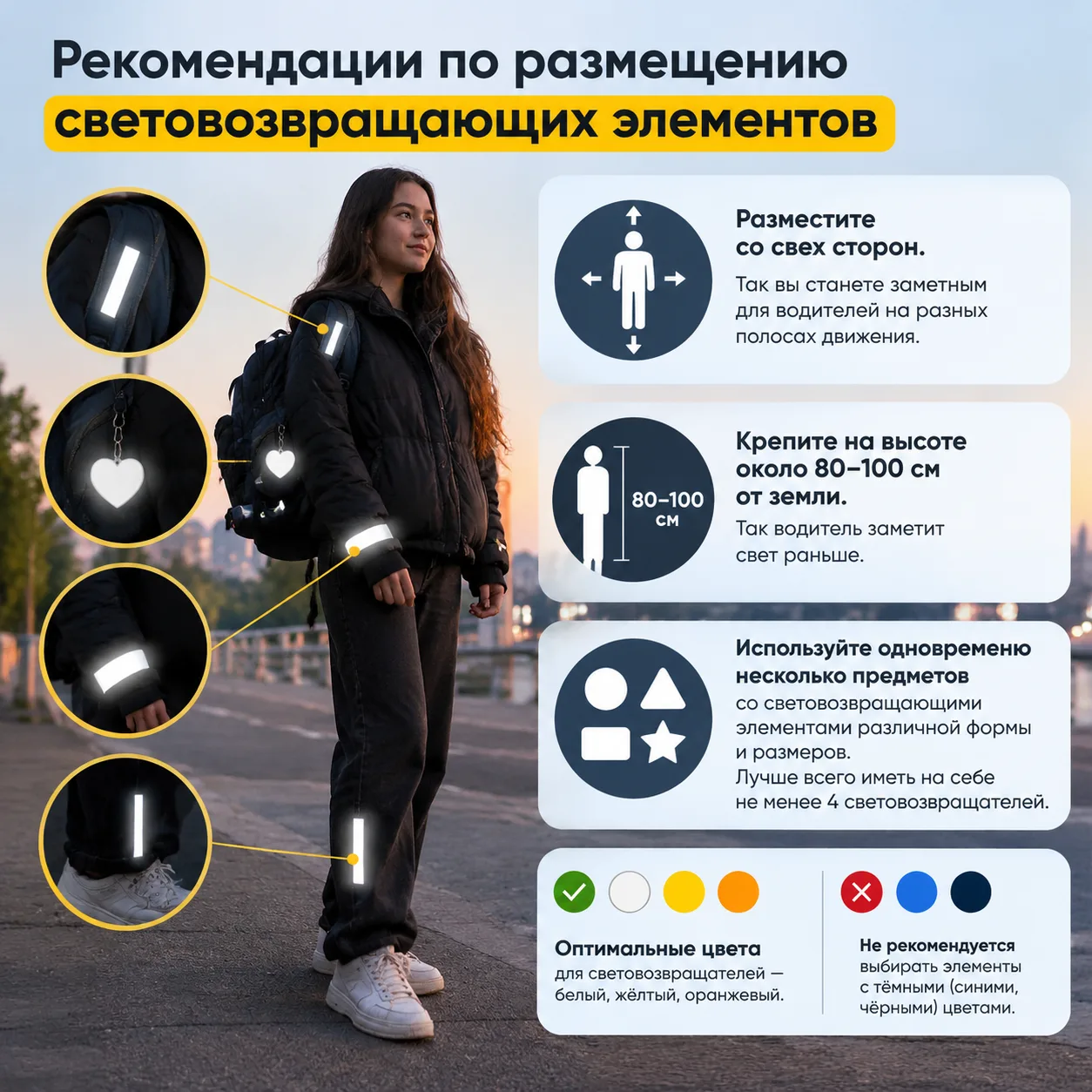 Инфографика с рекомендациями по размещению световозвращающих элементов