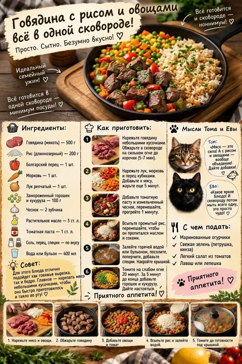 🍲🥩 Говядина с рисом и овощами — всё в одной сковороде