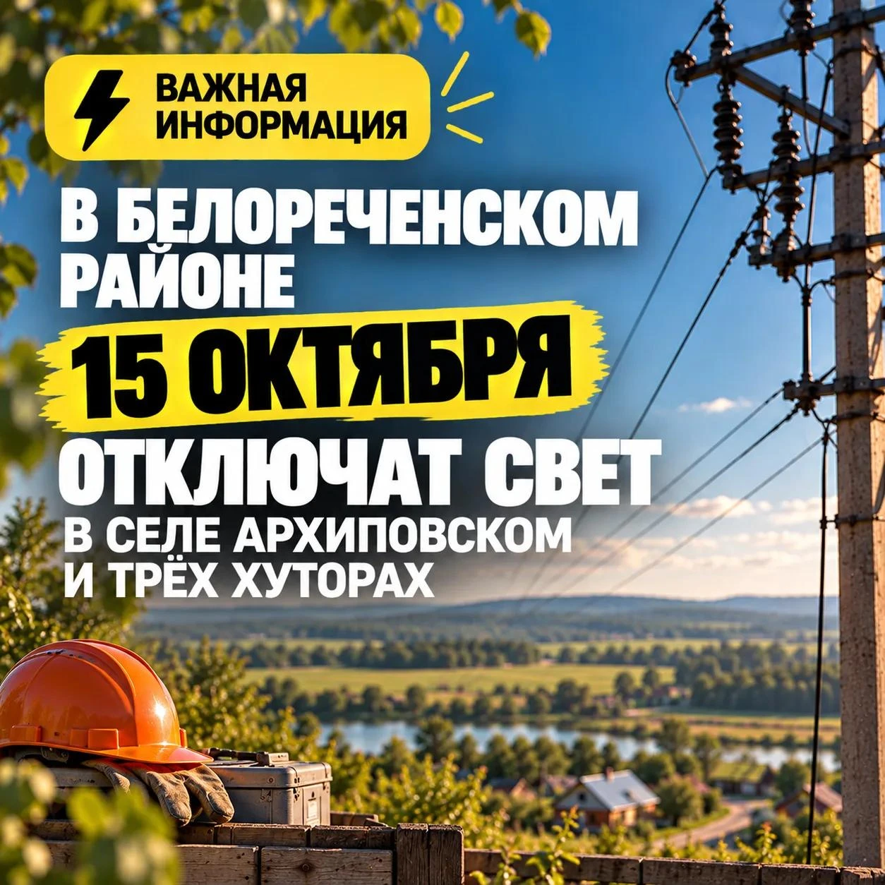 ⚡ В Белореченском районе 15 октября отключат свет в селе Архиповском и трёх хуторах