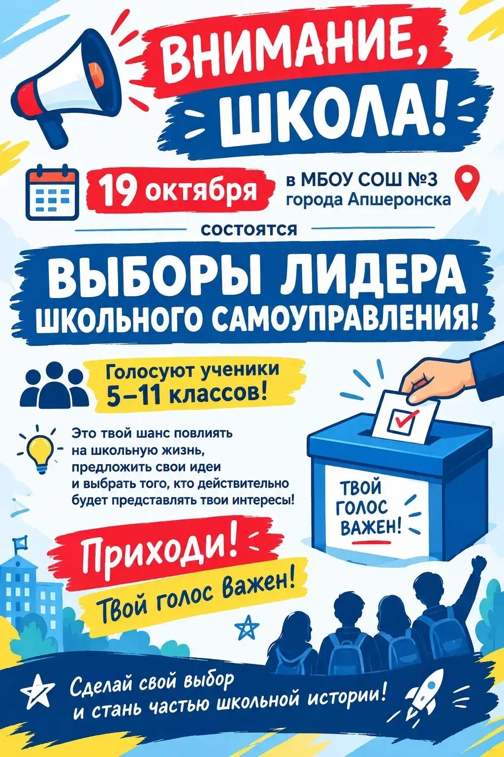 🗳️ 19 октября в нашей школе пройдут выборы Лидера школьного самоуправления!