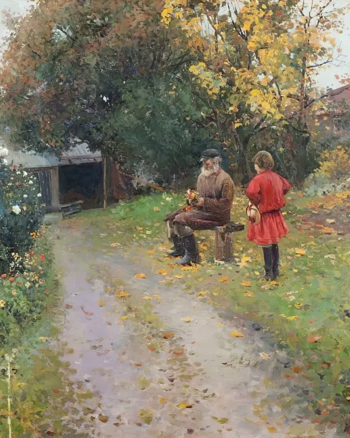 🍂 Картина «Осень в саду» Владимира Соколова — это удивительно тёплое и трогательное пр...
