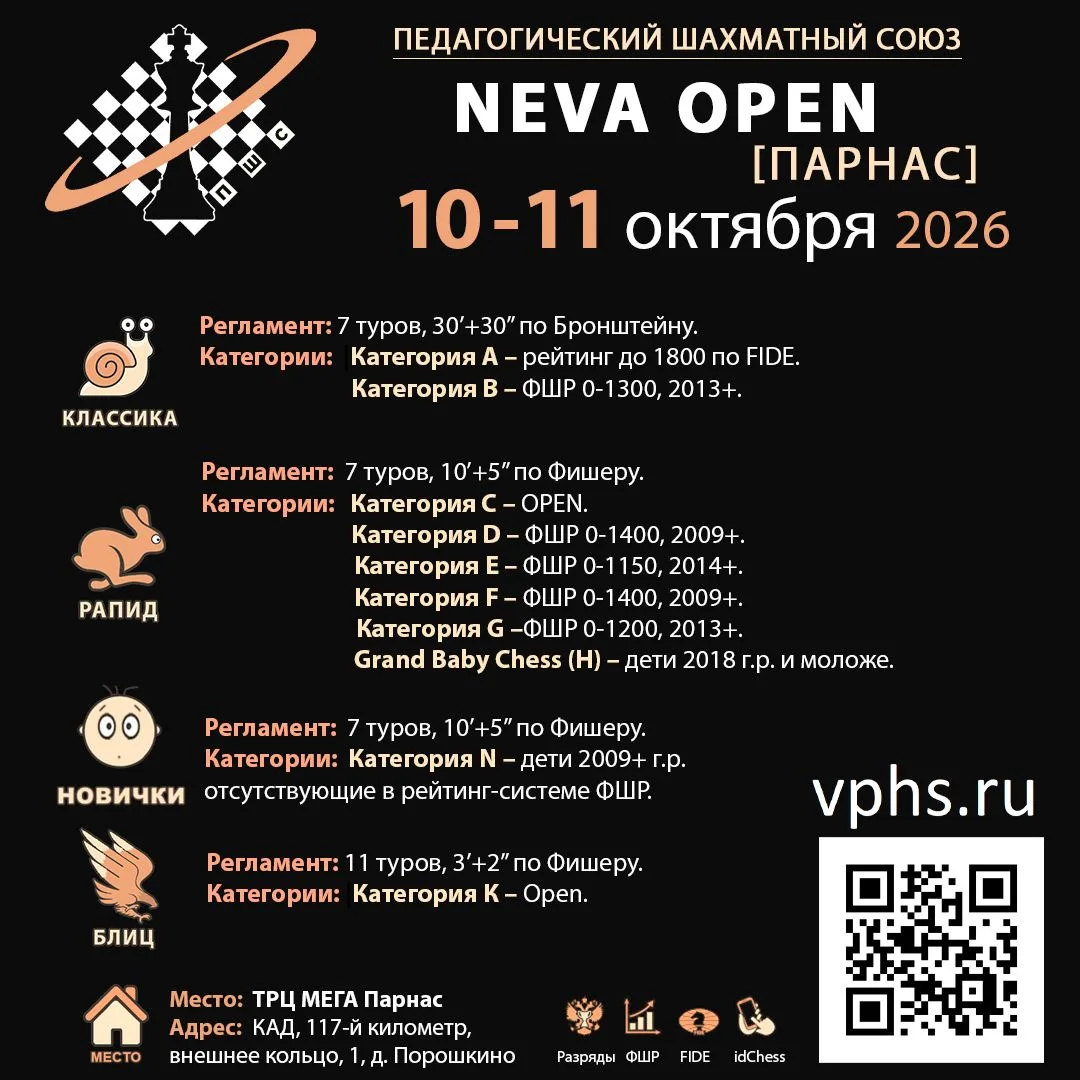 📢 10 - 11 ОКТЯБРЯ ПШС приглашает Вас на шахматный турнир NEVA OPEN ПАРНАС!