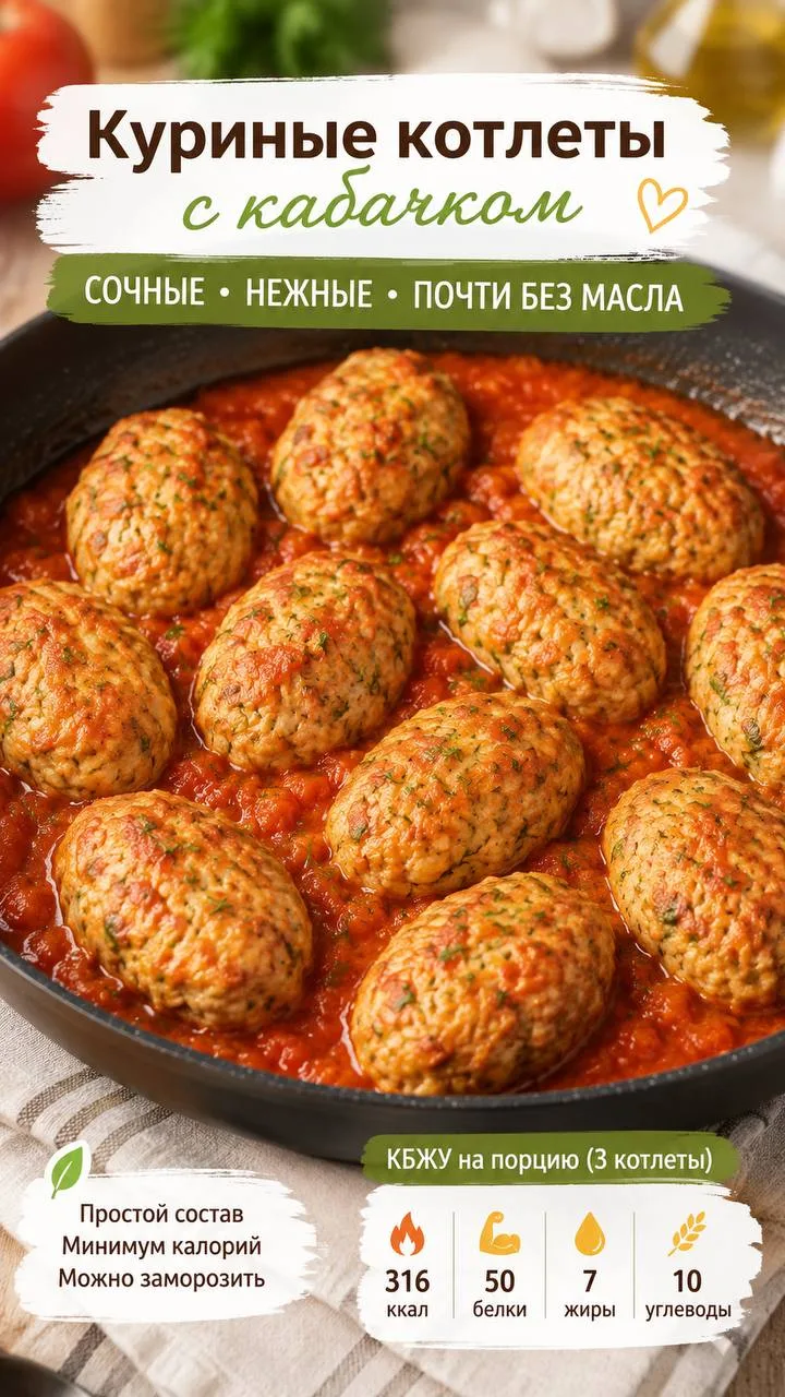 🍗 Куриные котлеты с кабачком в лёгкой томатной подливке