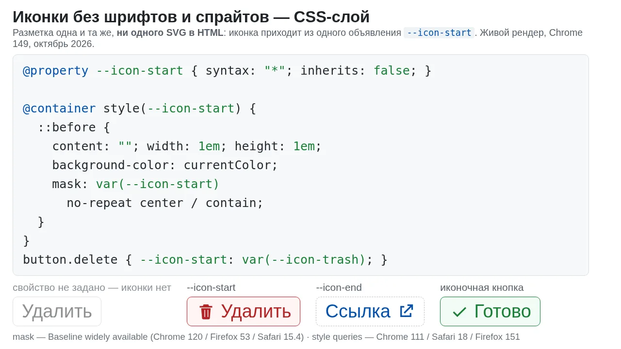 Иконка — это CSS-слой, а не разметка. @nudeui/icons от Lea Verou: пакет без иконок, тол...
