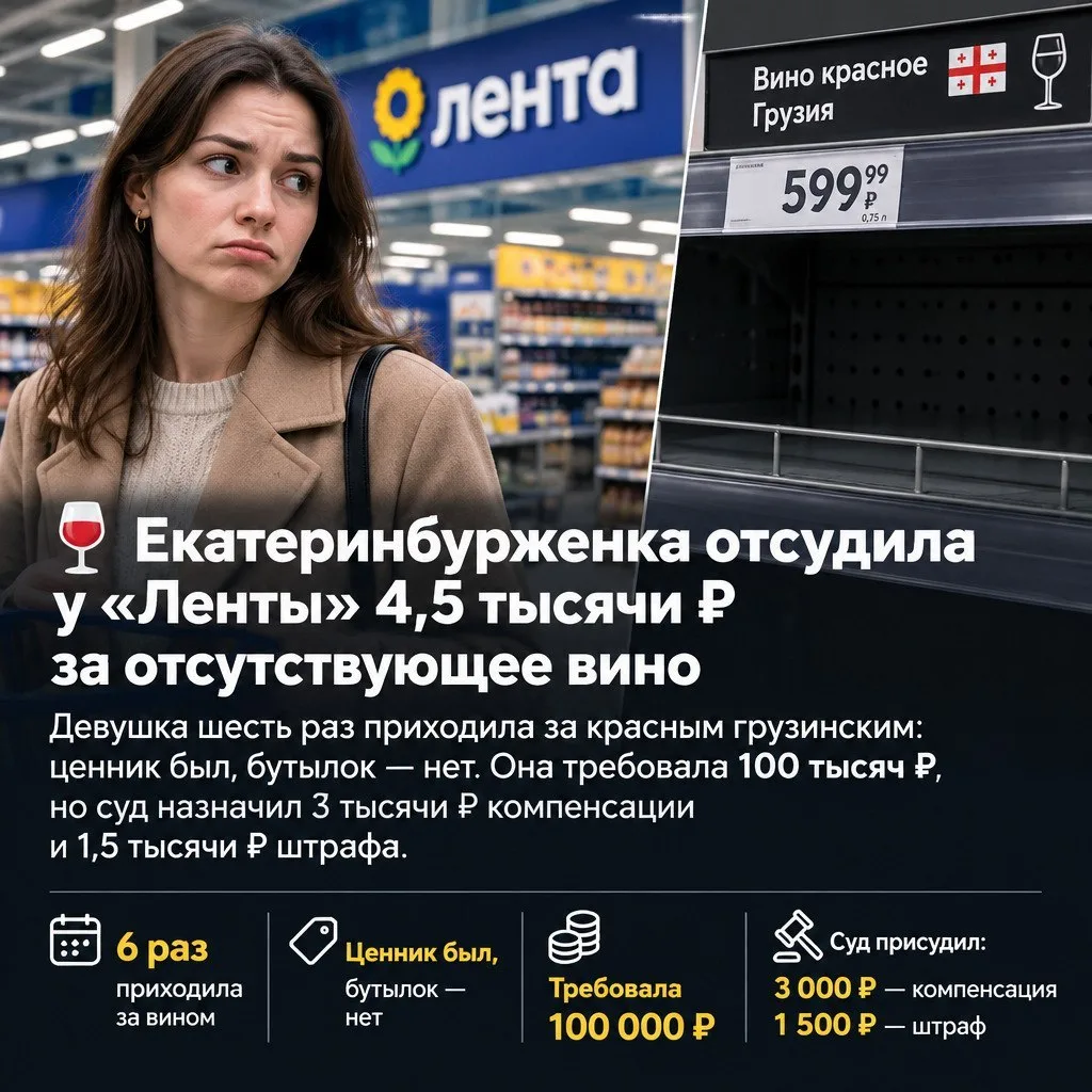 Главное: жительница Екатеринбурга отсудила у «Ленты» 4,5 тысячи рублей — за вино, котор...