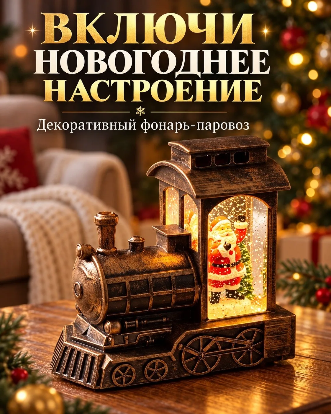 Фонарь новогодний, новогоднее украшение светильник с подсветкой и снегом, Дед мороз и п...