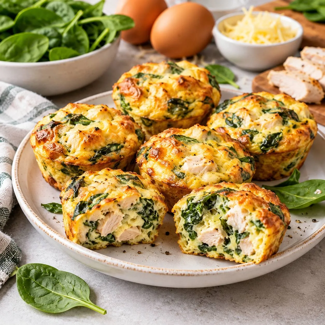 Яичные маффины со шпинатом и куриной грудкой.