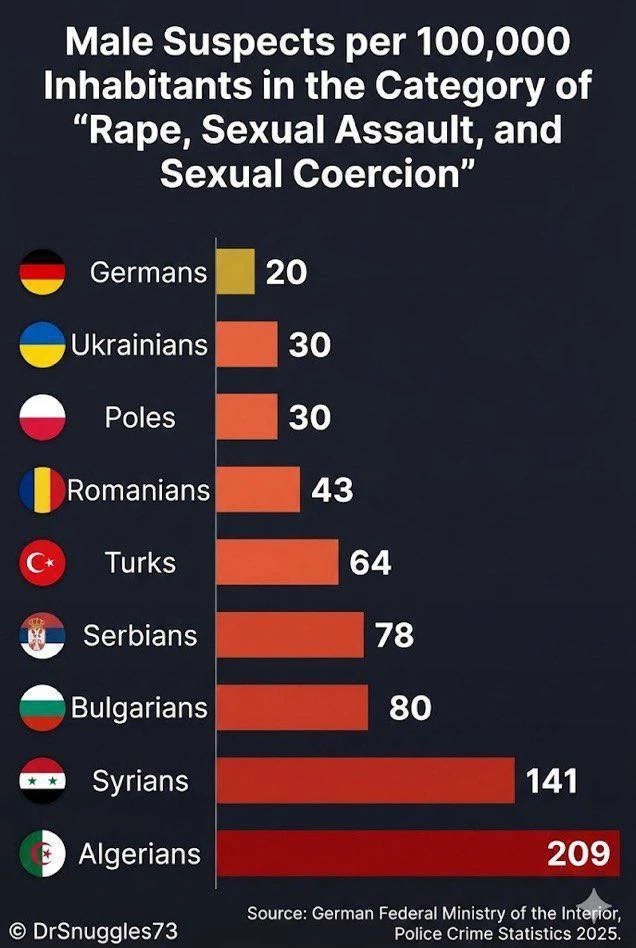 Германия. Преступления на сексуальной почве в разрезе этнических групп на 100.000 жителей.