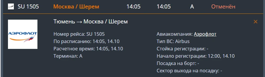 Рейсы из Тюмени задержаны из-за атаки БПЛА на Москву