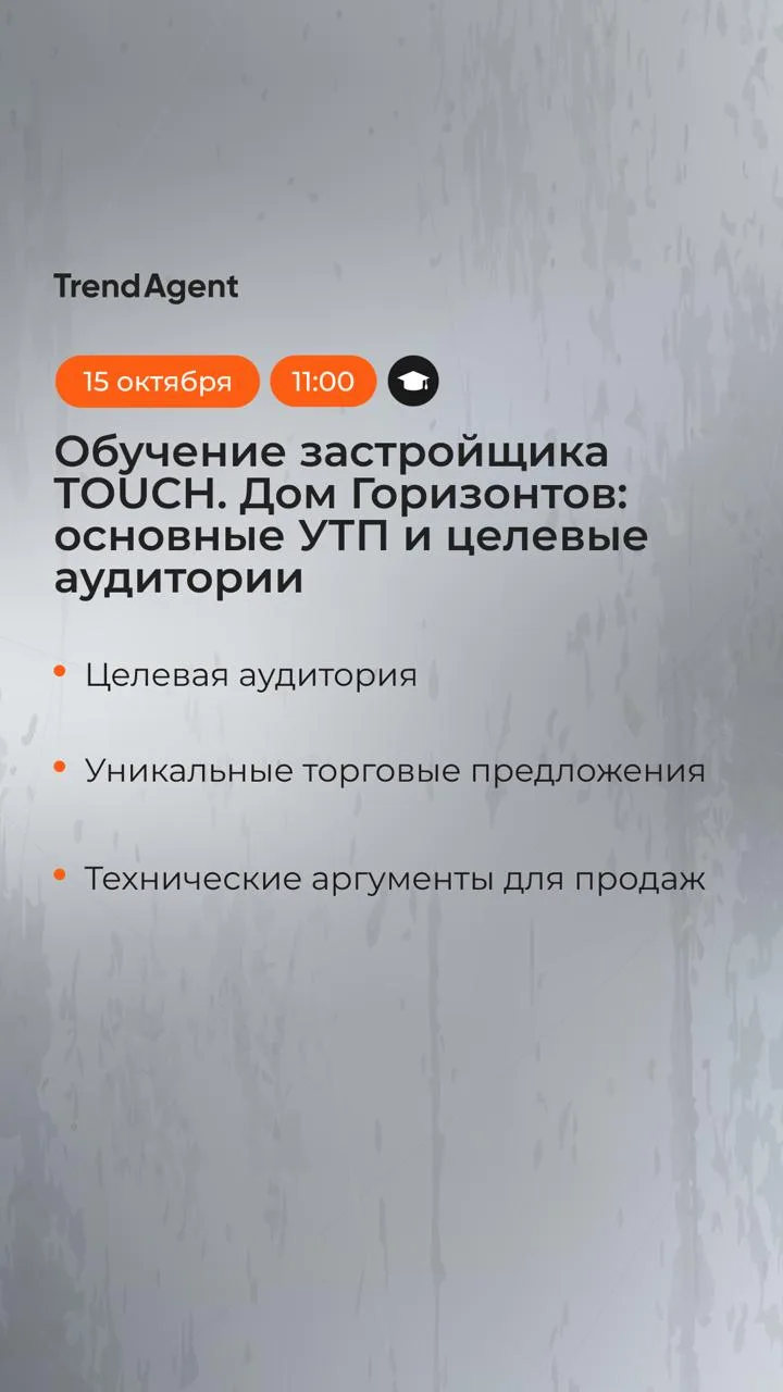 В 11:00 начинаем обучение застройщика TOUCH. Дом Горизонтов: основные УТП и целевые ауд...