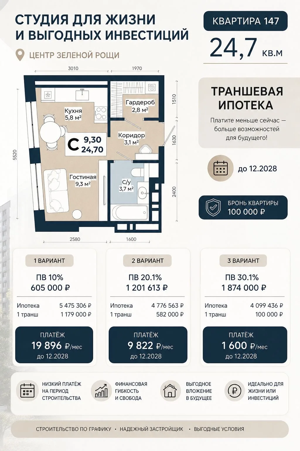🏡 Студия 24,7 м² в Центре Зеленой Рощи — с минимальным платежом на период строительства!