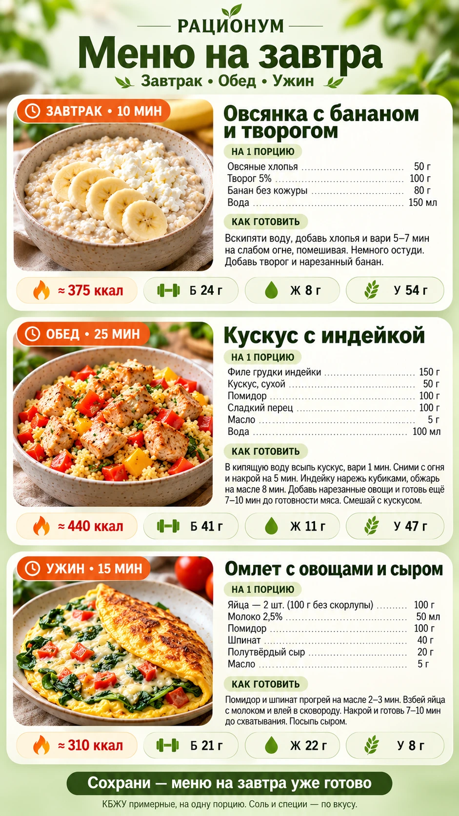 Меню на завтра: 3 простых блюда с КБЖУ 🍽️