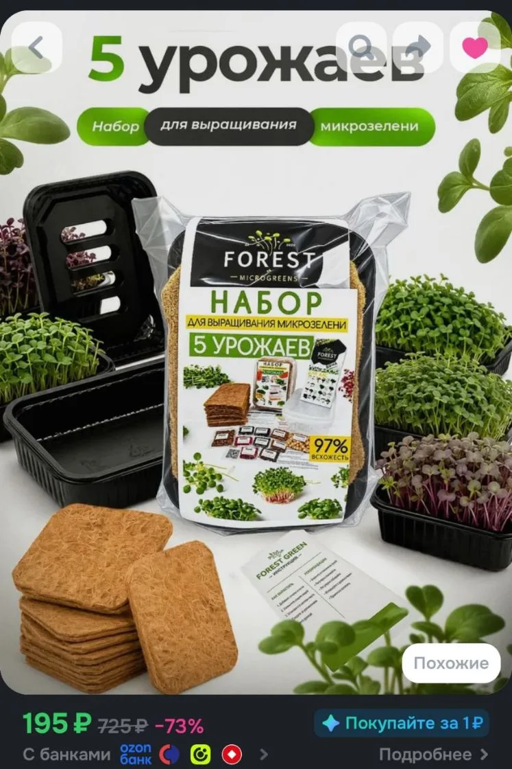 🌺Готовый набор для выращивания микрозелени 5 урожаев
