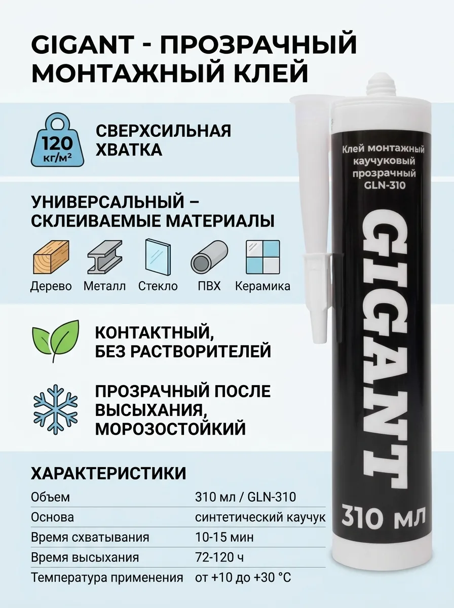 Gigant Клей монтажный каучуковый прозрачный 310 мл GLN-310