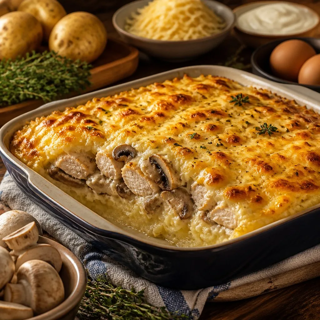 Готовим сытный ужин: картофельная основа, курица с шампиньонами и нежная заливка из сме...