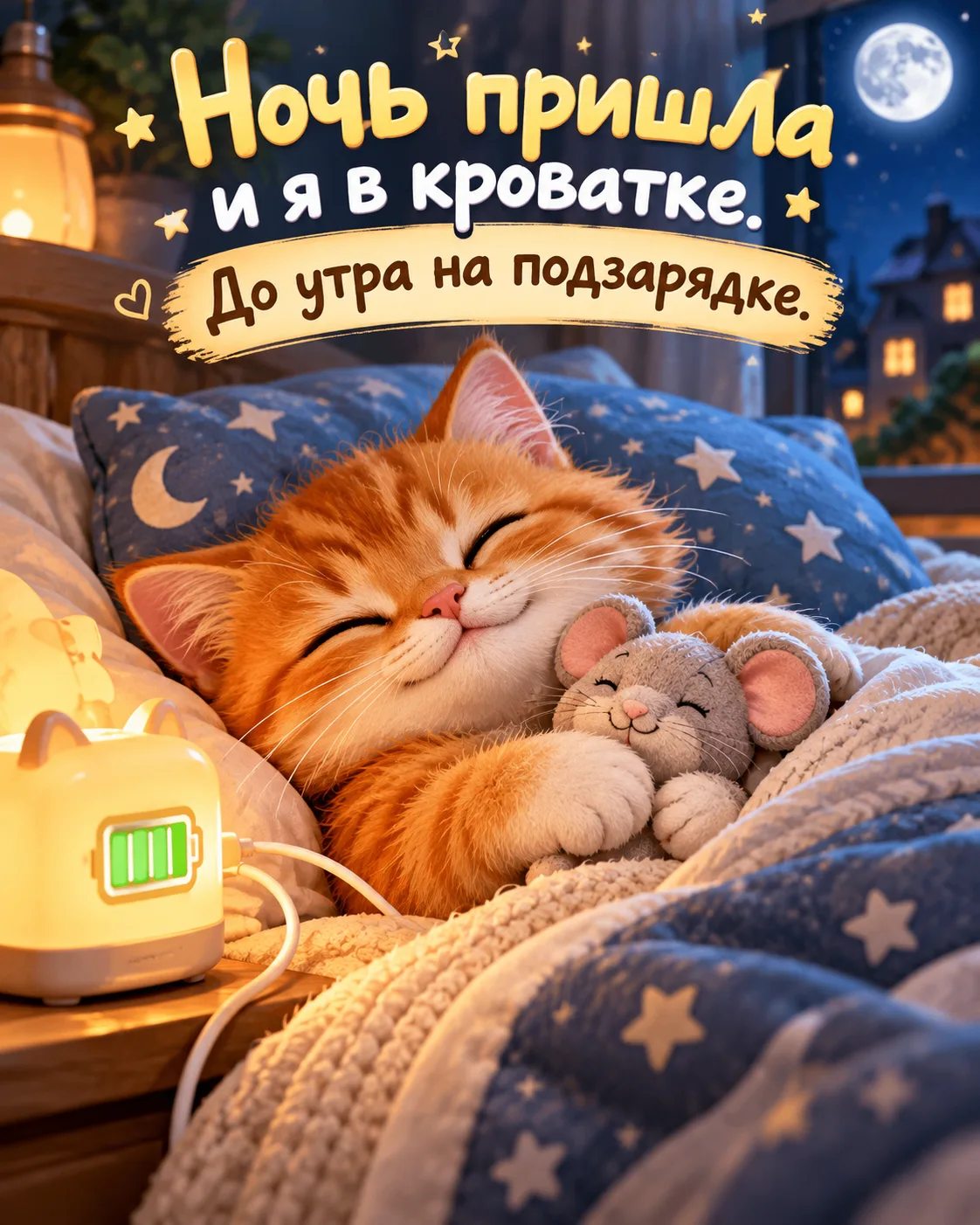 😴 Телефон на зарядке, кот под одеялом, совесть отключена. Всё, до завтра меня для обще...