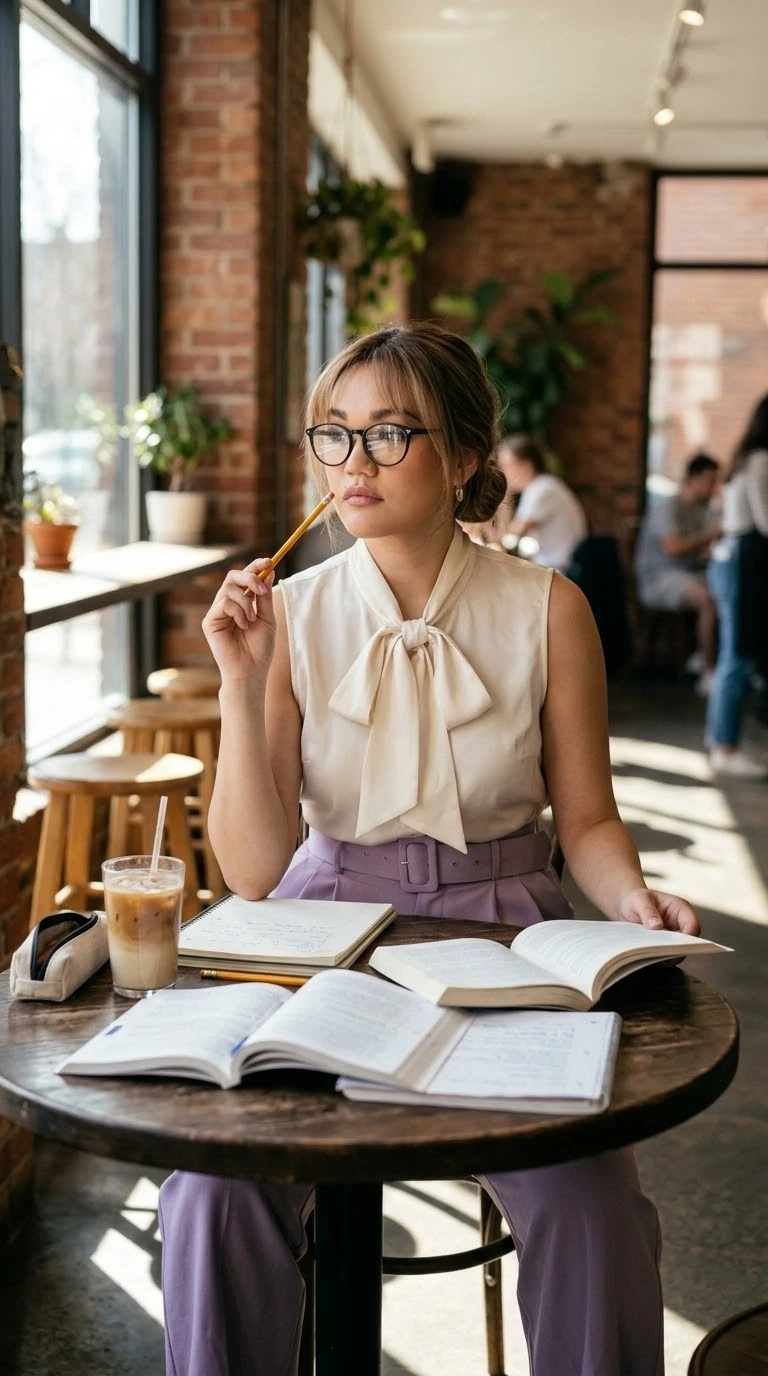 A high-fidelity lifestyle photography portrait of a beautiful young East Asian woman wi...