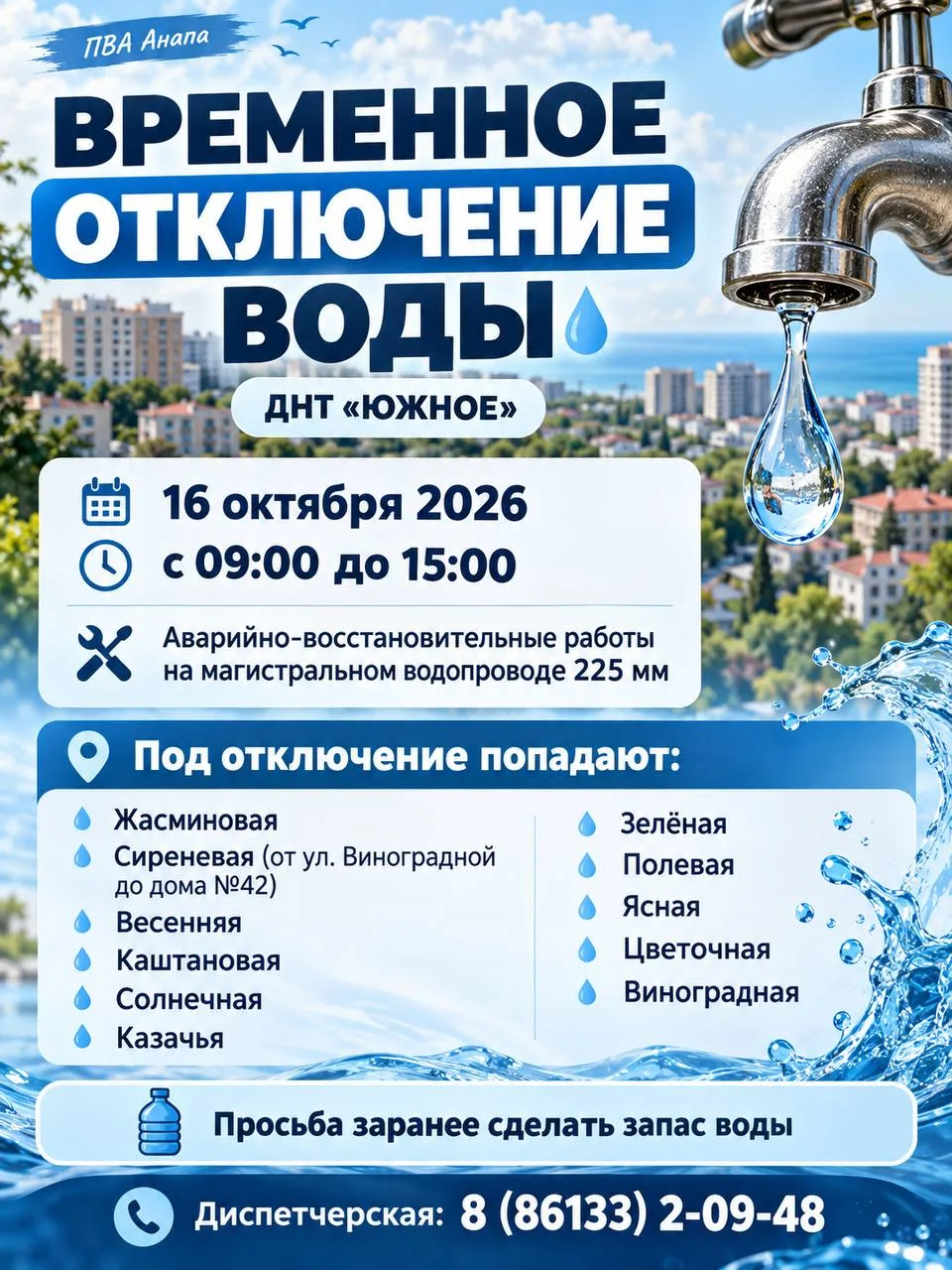 🚰 В Анапе 16 октября отключат холодную воду в ДНТ «Южное»