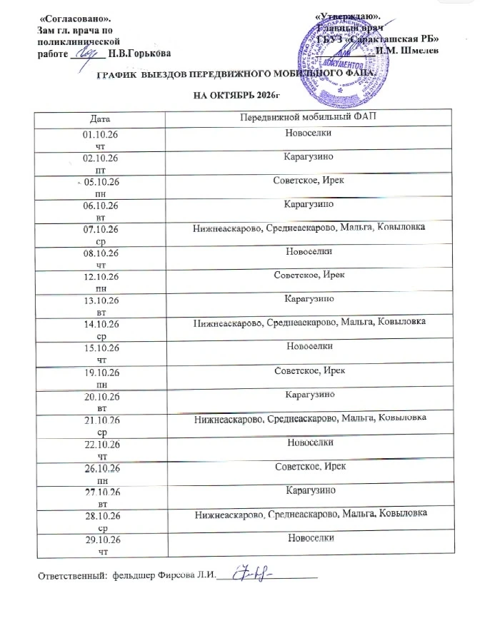 ГРАФИК ВЫЕЗДОВ ПЕРЕДВИЖНОГО МОБИЛЬНОГО ФАПА🚑
