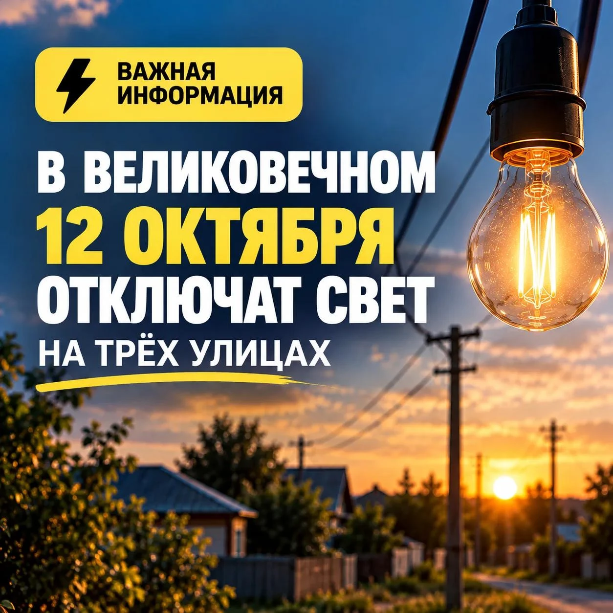 ⚡ В Великовечном 12 октября отключат свет на трёх улицах