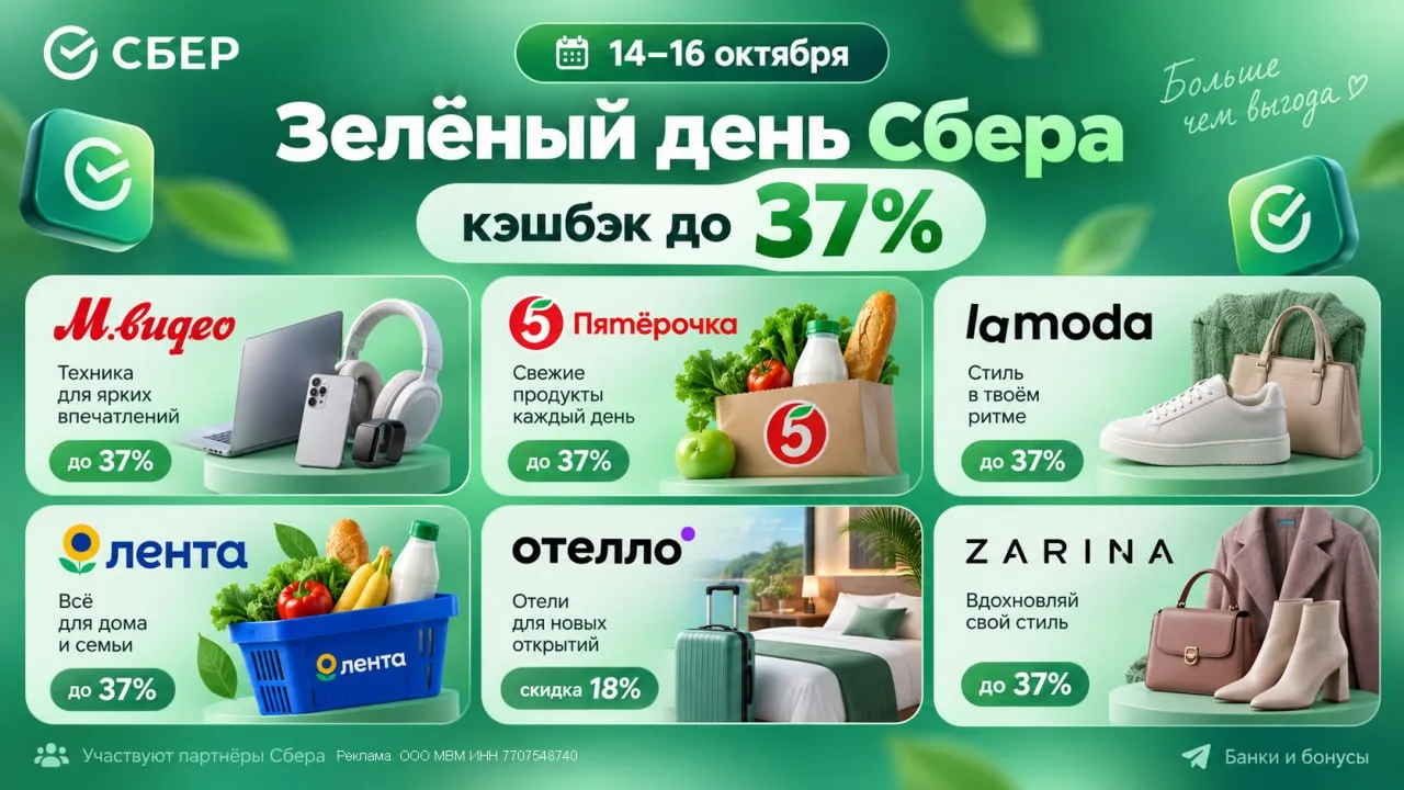 Сбер: ещё 2 магазина с кэшбэком 37% и повышенный курс бонусов