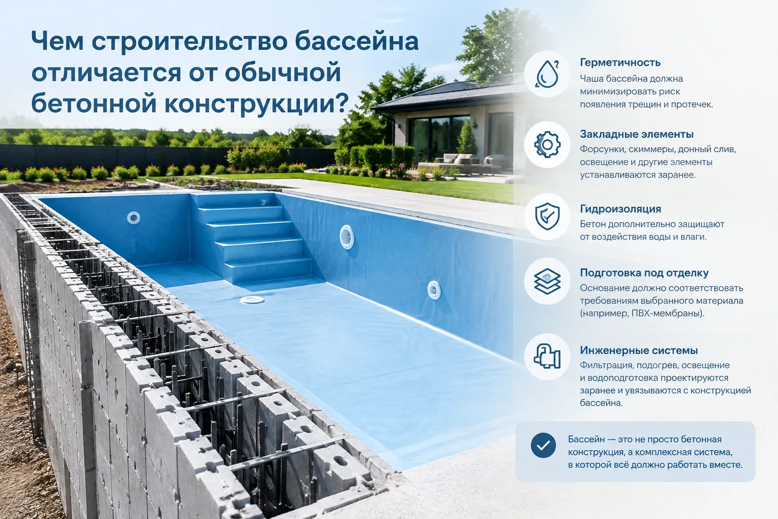 Чем строительство бассейна отличается от строительства обычной бетонной конструкции?