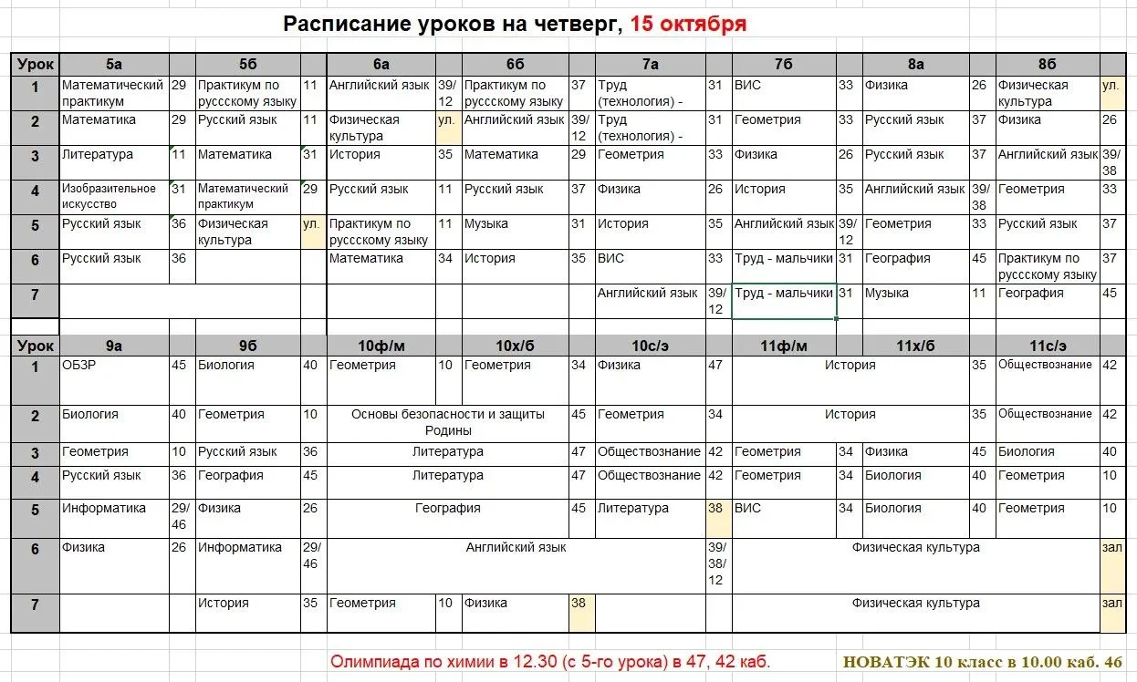 Расписание на четверг, 15 октября