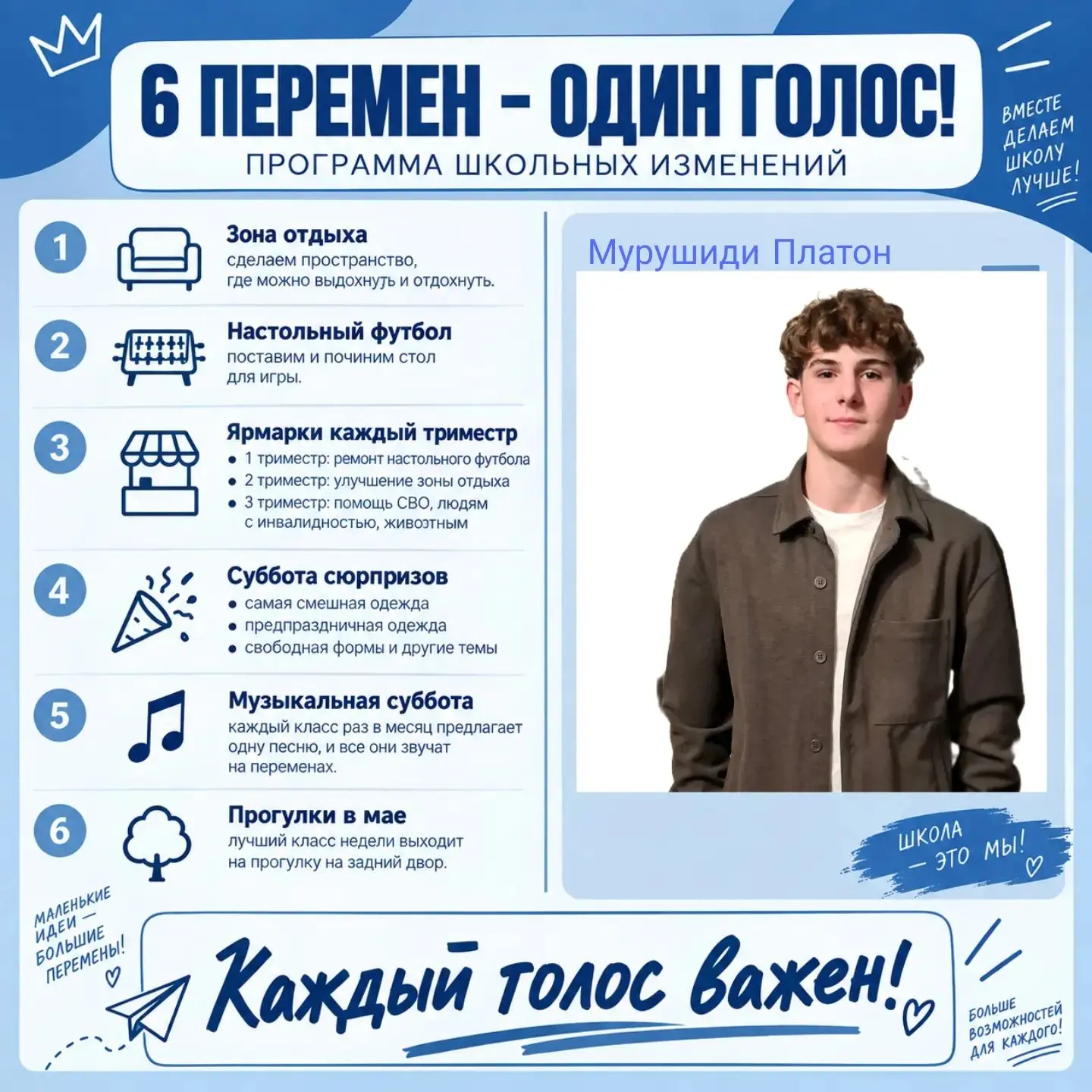 Привет всем! Меня зовут Платон, мне 14 лет, и я баллотируюсь на пост президента лицея.