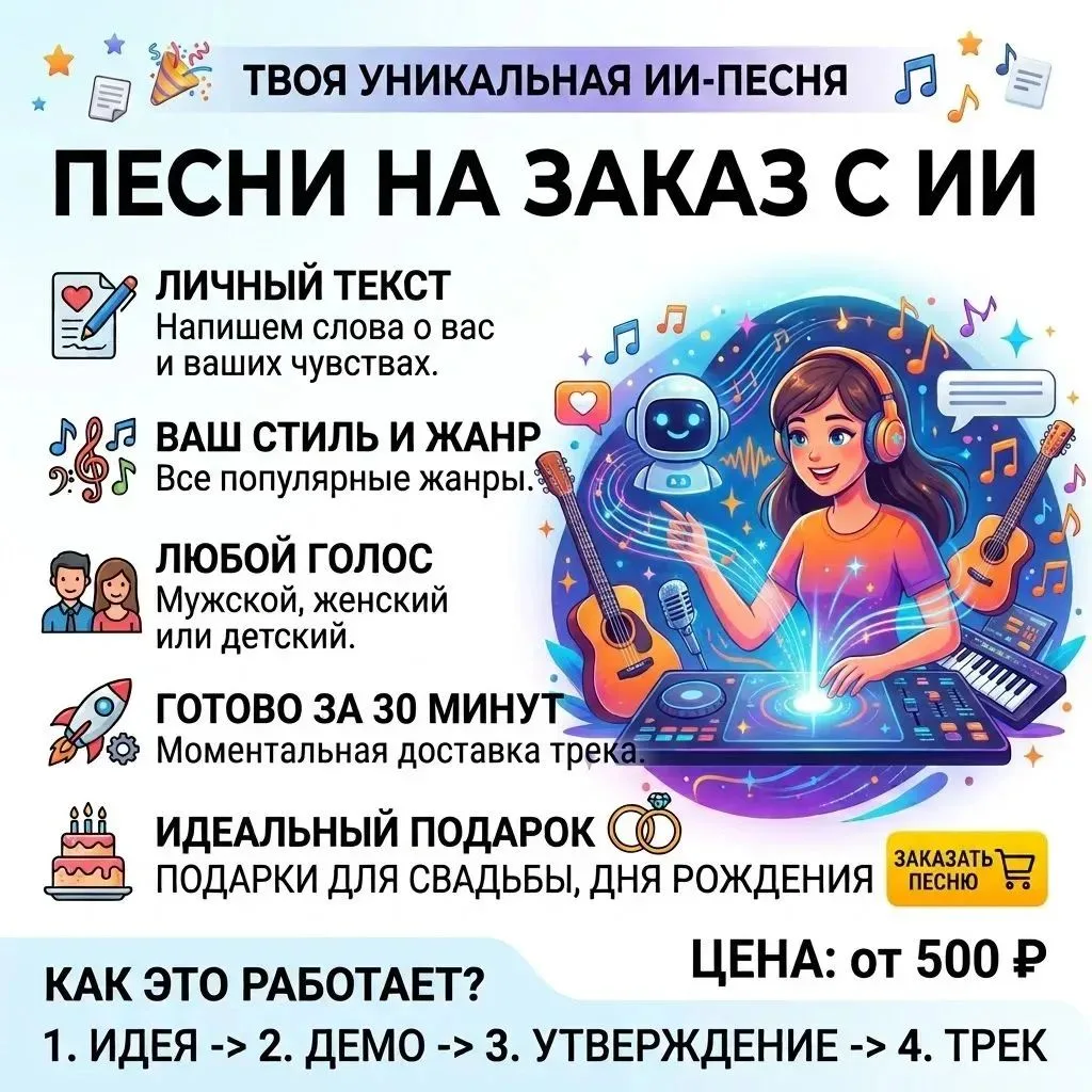 Здравствуйте! Меня зовут Валерия, я создаю песни-поздравления с помощью искусственного ...