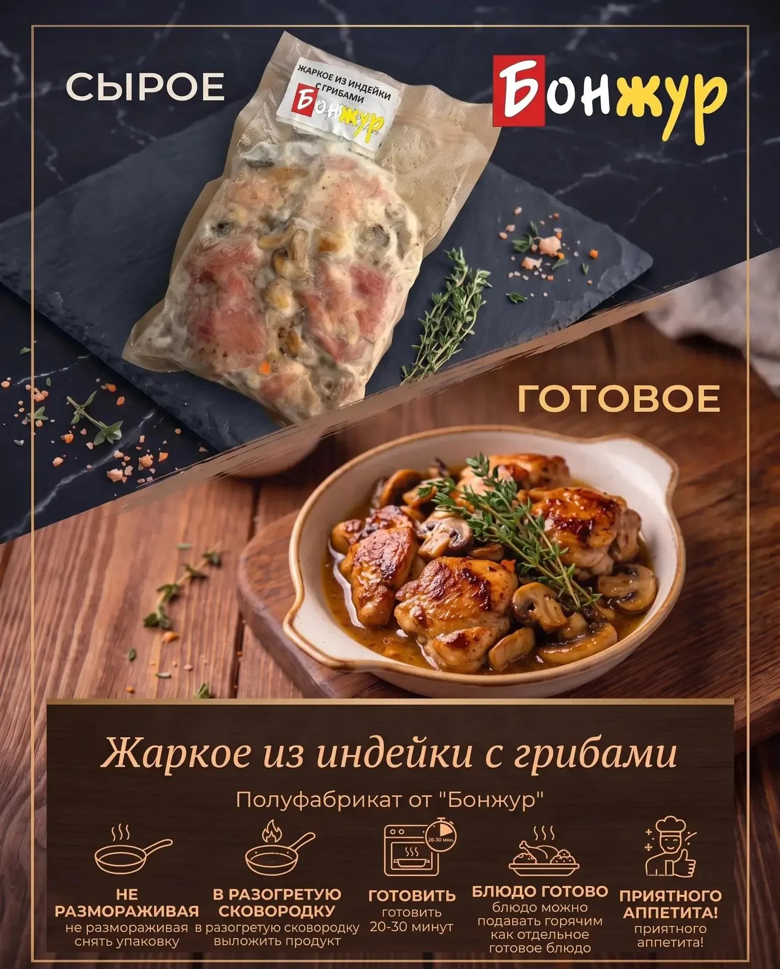 Ресторанный ужин за 20 минут: «Мясотека Бонжур» представляет жаркое из индейки с грибами