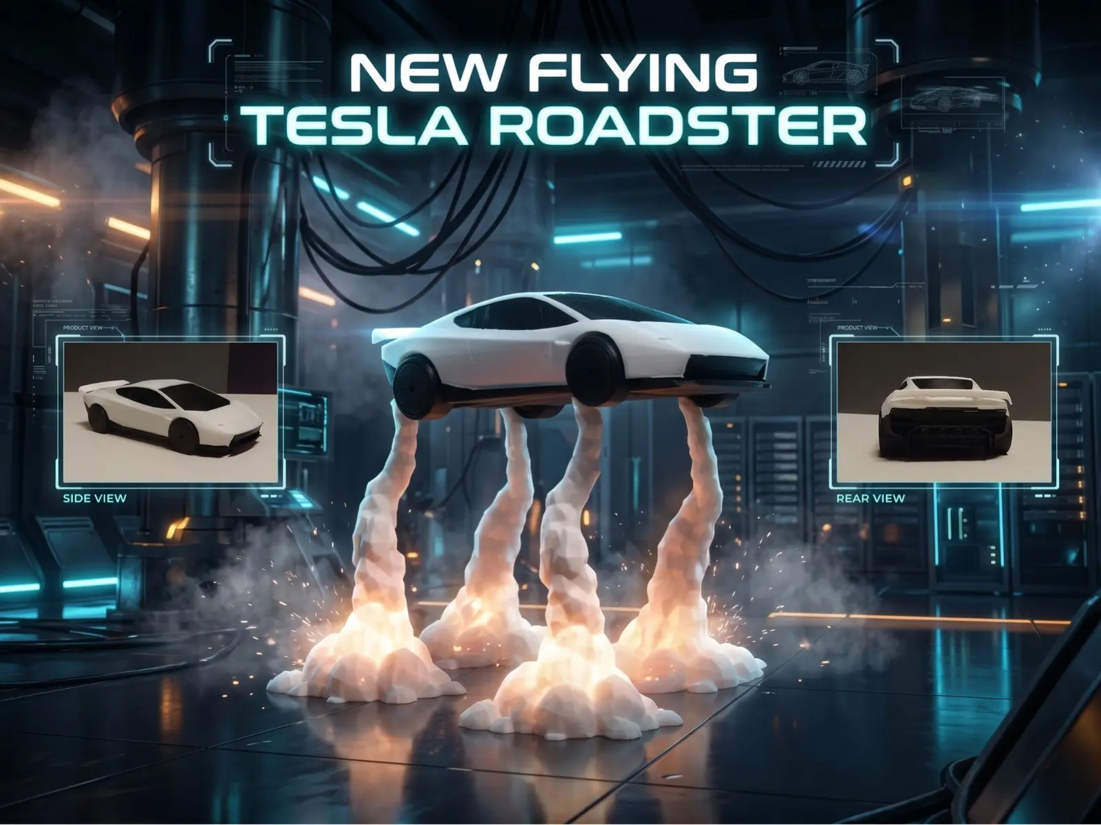 🚗 Парящий Tesla Roadster на подставке в виде реактивных струй