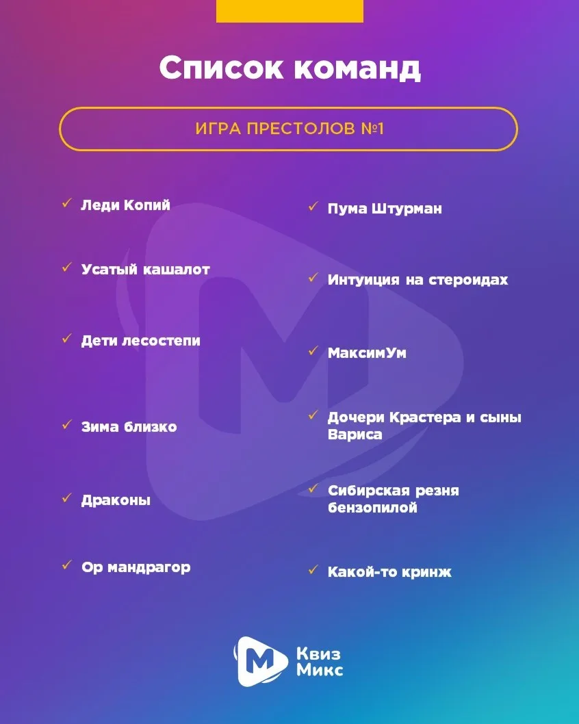 Публикуем список команд на квиз «Игра Престолов №1», который пройдет уже завтра — 14 ок...