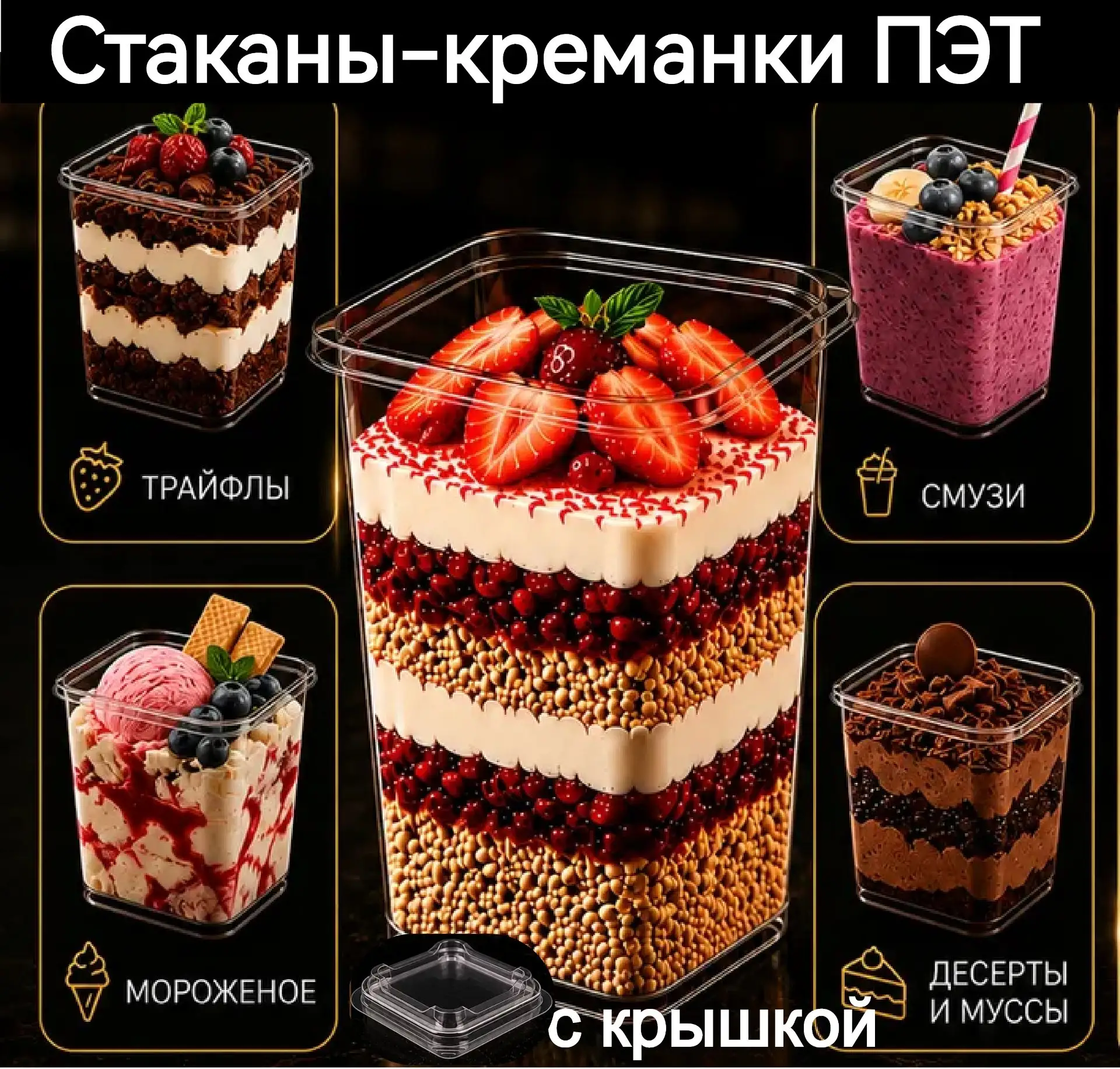 Контейнер "Стаканчик-креманка" с крышкой, квадратный, прозрачный ПЭТ, тип замка внутрен...