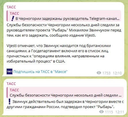 По информации от спецслужб Черногории, подтвержденным проектом "Рыбарь", Михаил Звинчук...