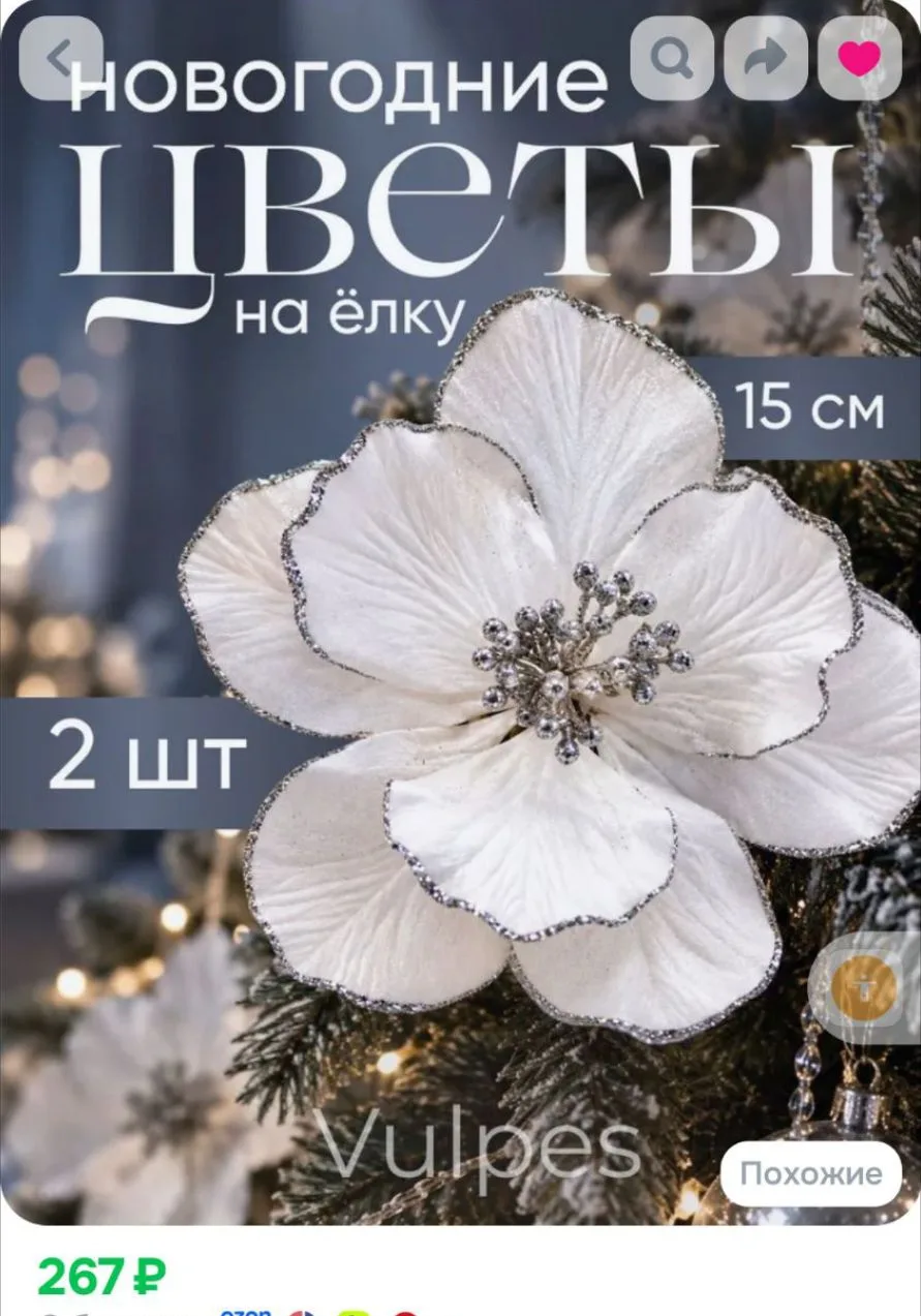 Цветы на елку Пуансеттия 15 см , елочные украшения цветок 2 шт Vulpes