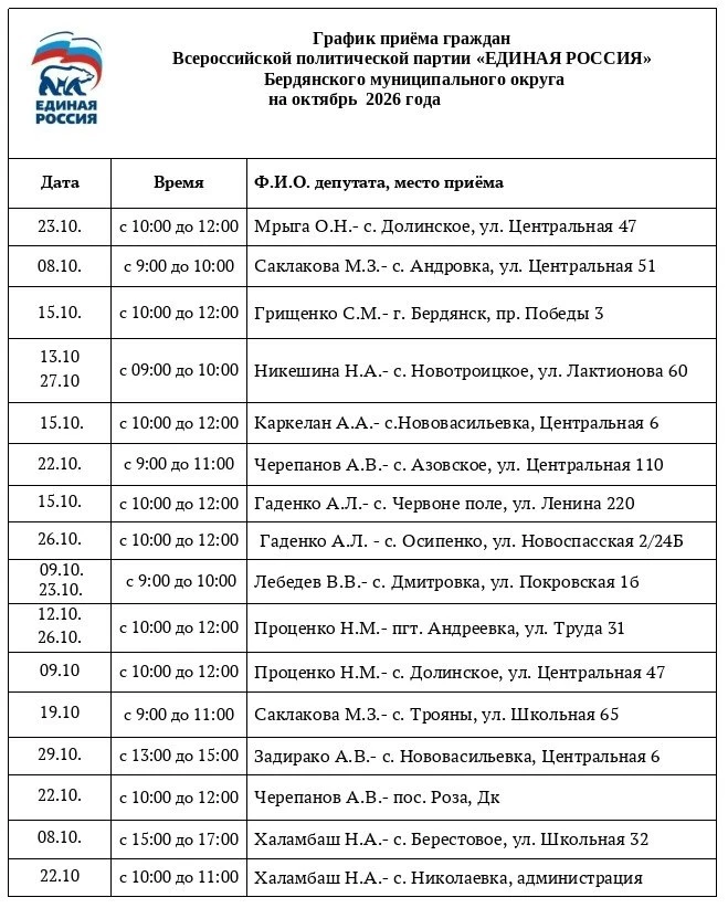 🗓 График приёма граждан Бердянского муниципального округа депутатами Всероссийской пол...